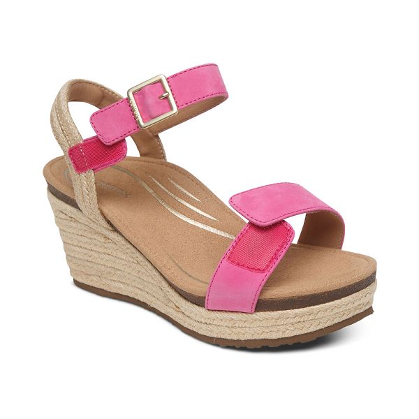 Aetrex Women's Sydney Quarter Strap Espadrille Wedge Sandals - Azalea | USA GXZU8AX